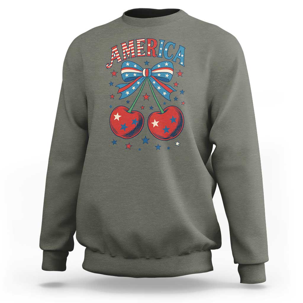 Retro Americana Cherries and Stars Coquette Bow Sweatshirt America Cute Patriotic 4th Of July US