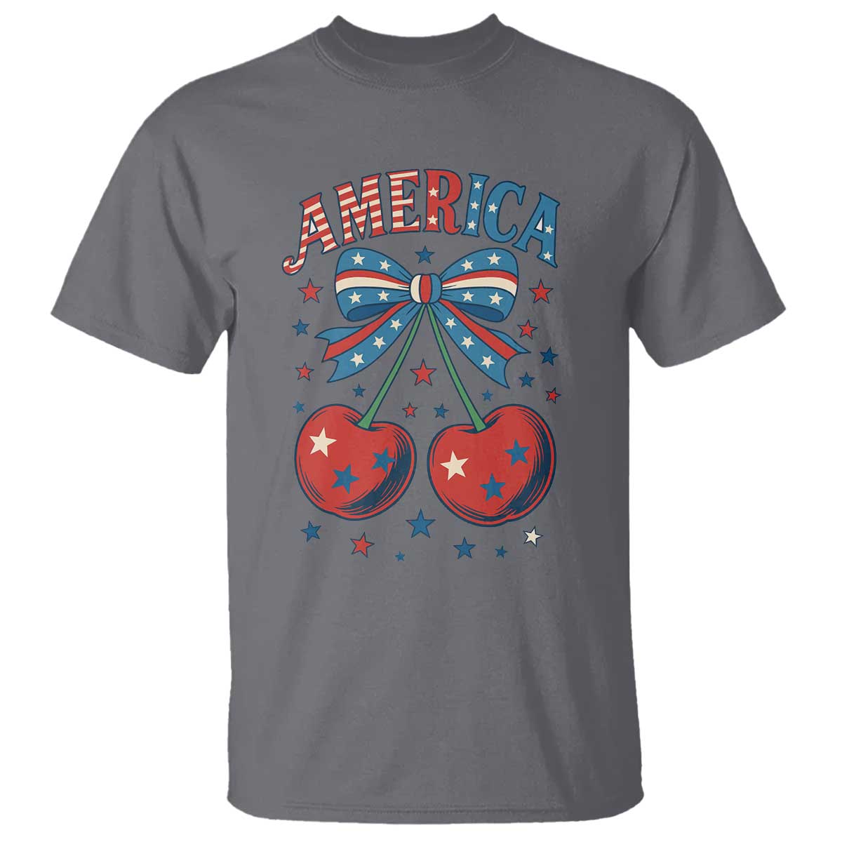 Retro Americana Cherries and Stars Coquette Bow T Shirt America Cute Patriotic 4th Of July US