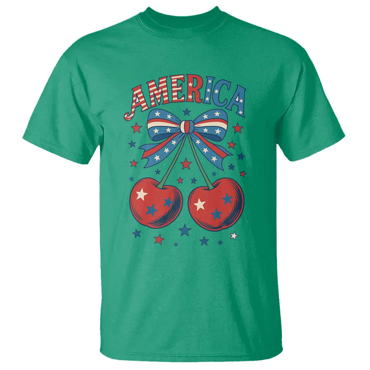 Retro Americana Cherries and Stars Coquette Bow T Shirt America Cute Patriotic 4th Of July US