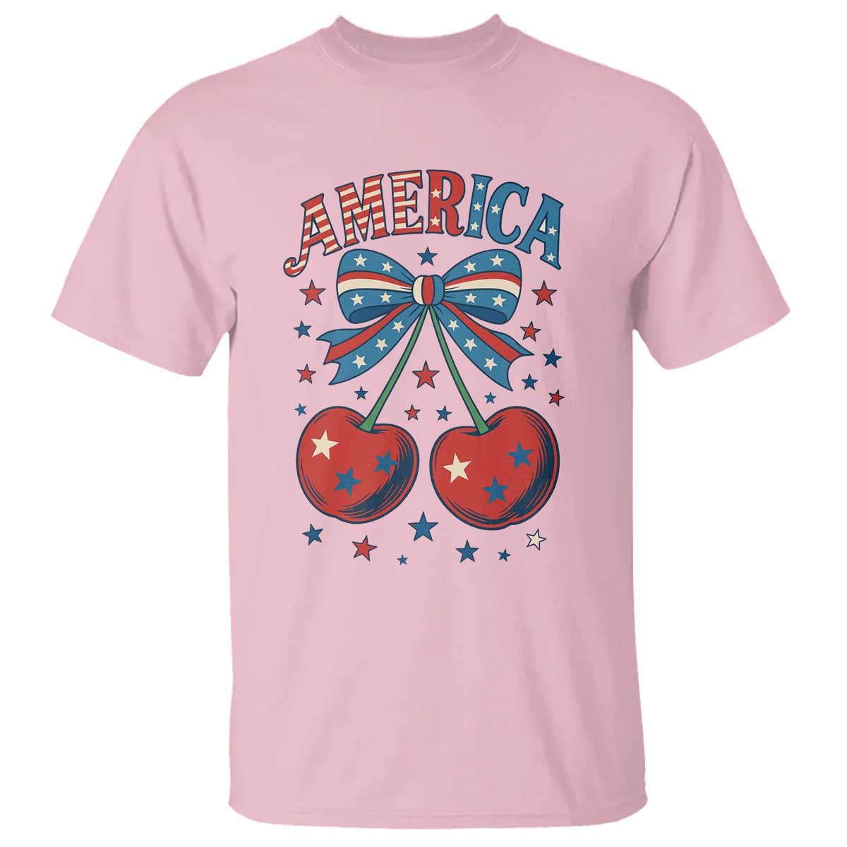 Retro Americana Cherries and Stars Coquette Bow T Shirt America Cute Patriotic 4th Of July US