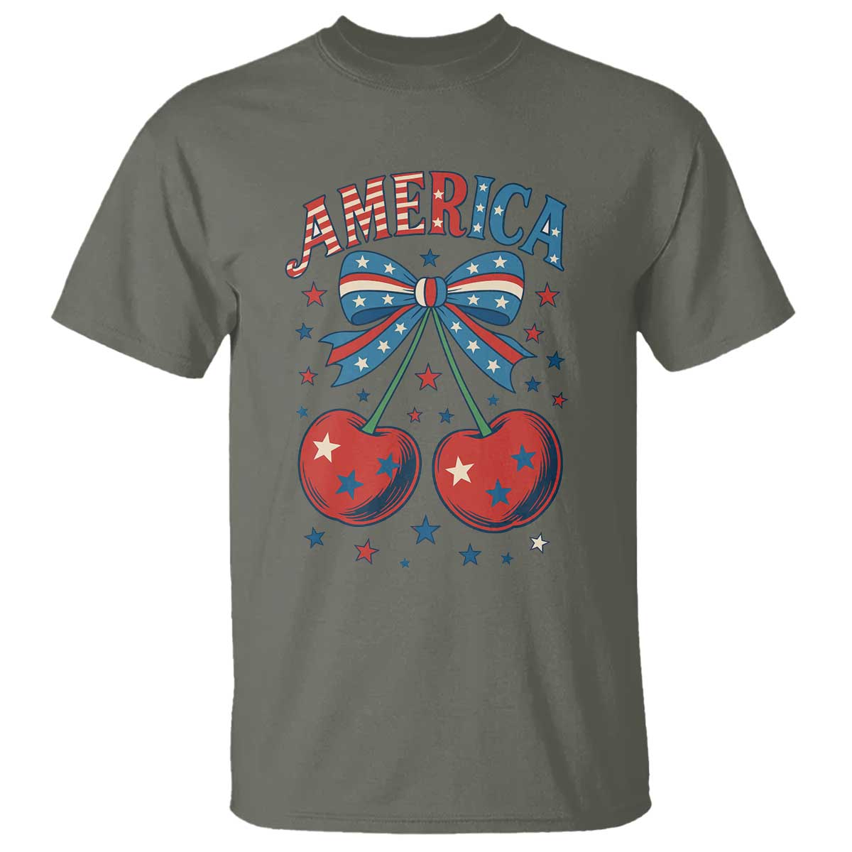 Retro Americana Cherries and Stars Coquette Bow T Shirt America Cute Patriotic 4th Of July US