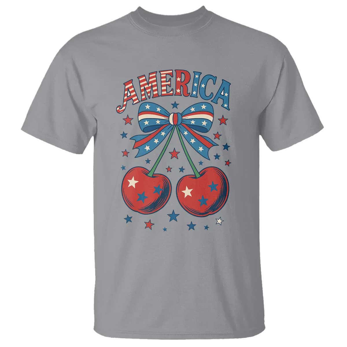 Retro Americana Cherries and Stars Coquette Bow T Shirt America Cute Patriotic 4th Of July US