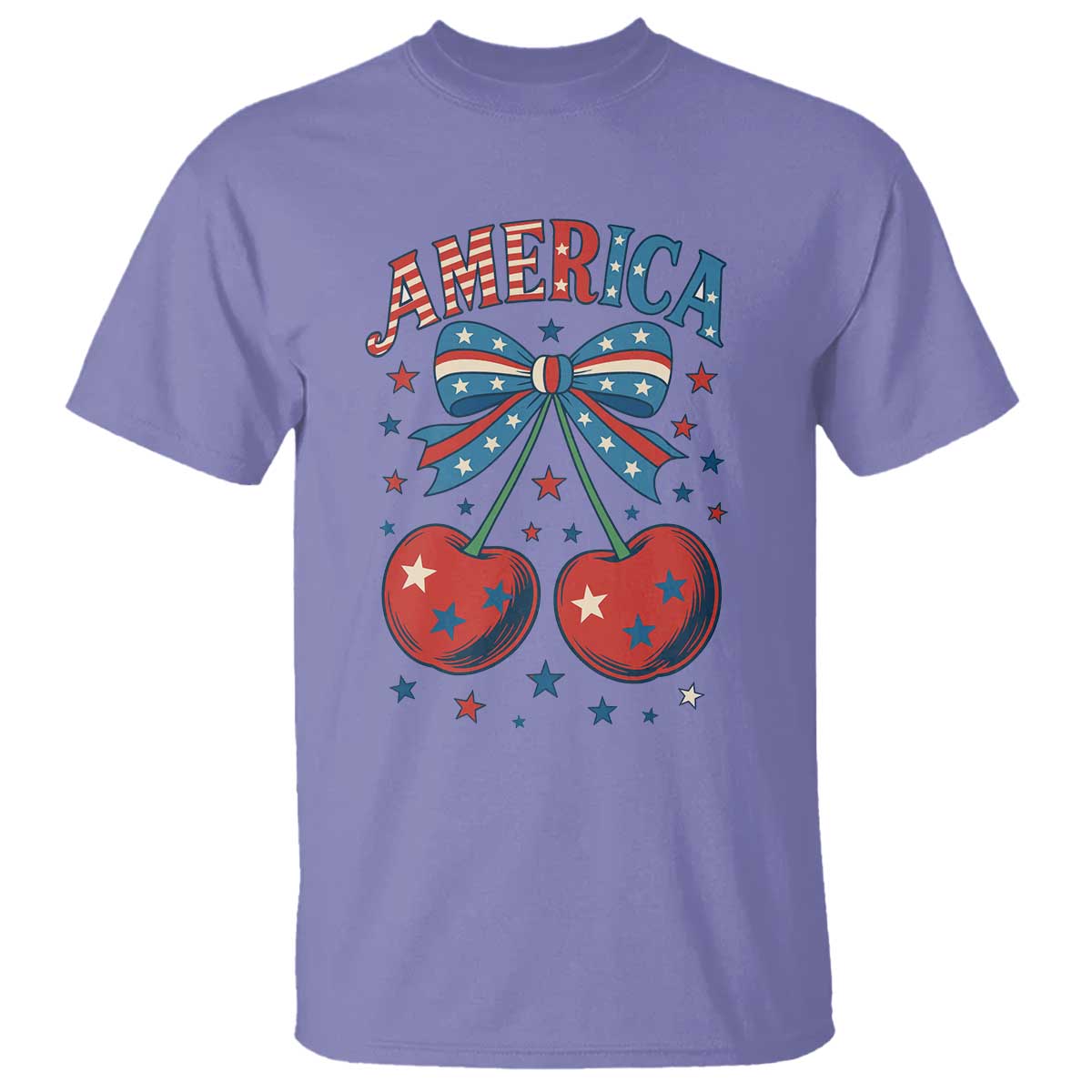 Retro Americana Cherries and Stars Coquette Bow T Shirt America Cute Patriotic 4th Of July US