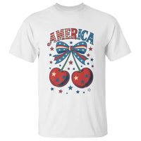 Retro Americana Cherries and Stars Coquette Bow T Shirt America Cute Patriotic 4th Of July US