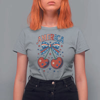Retro Americana Cherries and Stars Coquette Bow T Shirt For Women America Cute Patriotic 4th Of July US