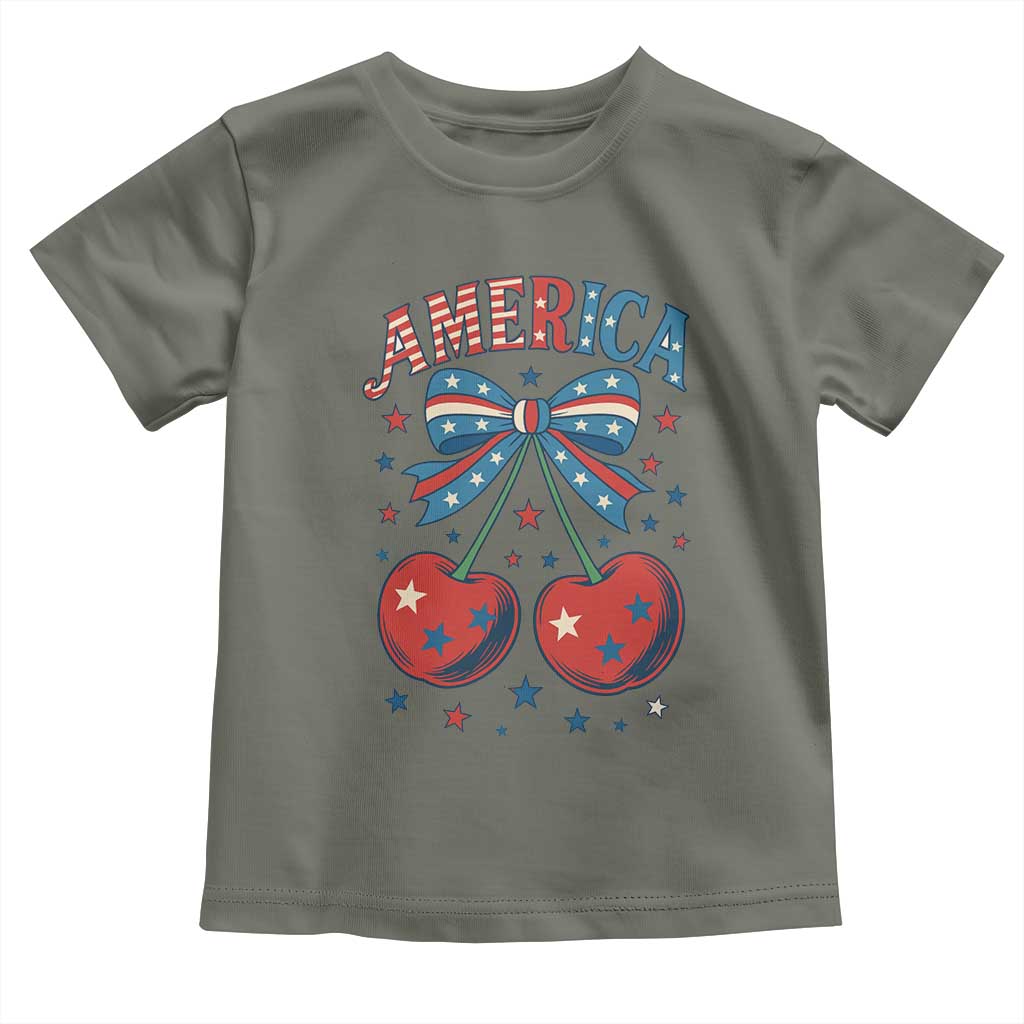 Retro Americana Cherries and Stars Coquette Bow Toddler T Shirt America Cute Patriotic 4th Of July US
