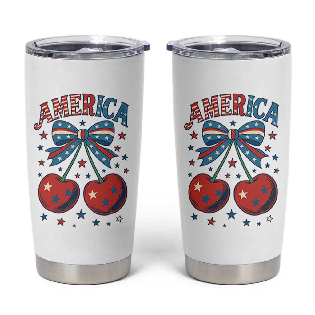 Retro Americana Cherries and Stars Coquette Bow Tumbler Cup America Cute Patriotic 4th Of July US