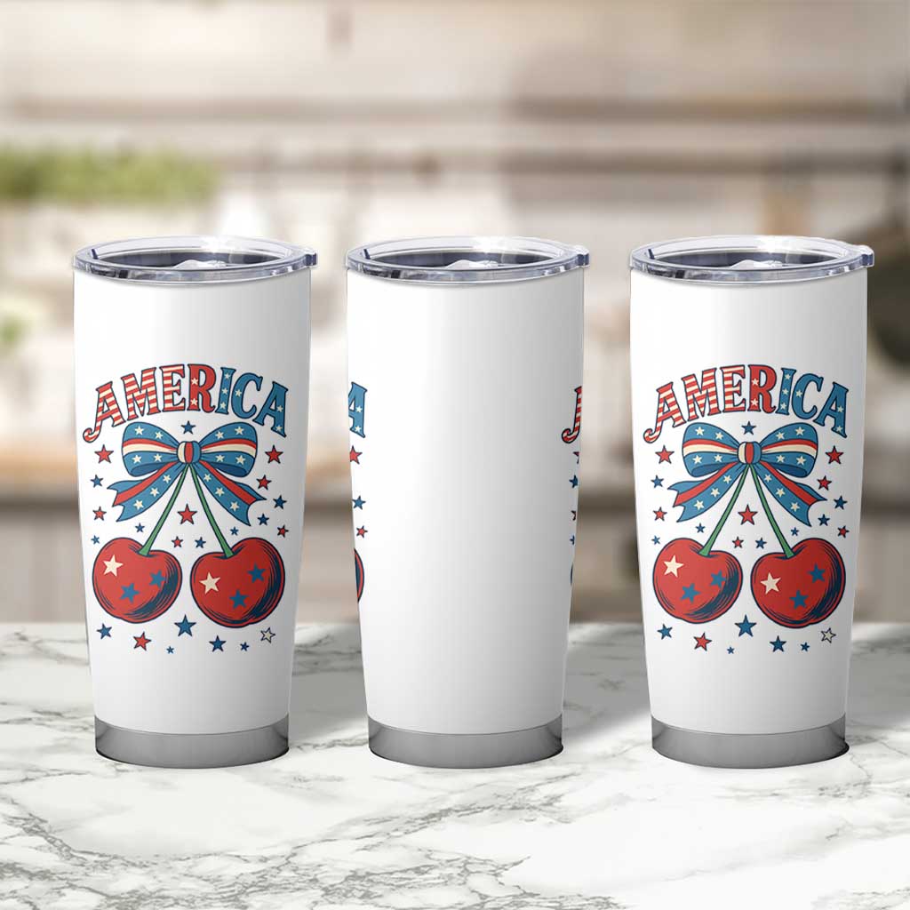 Retro Americana Cherries and Stars Coquette Bow Tumbler Cup America Cute Patriotic 4th Of July US