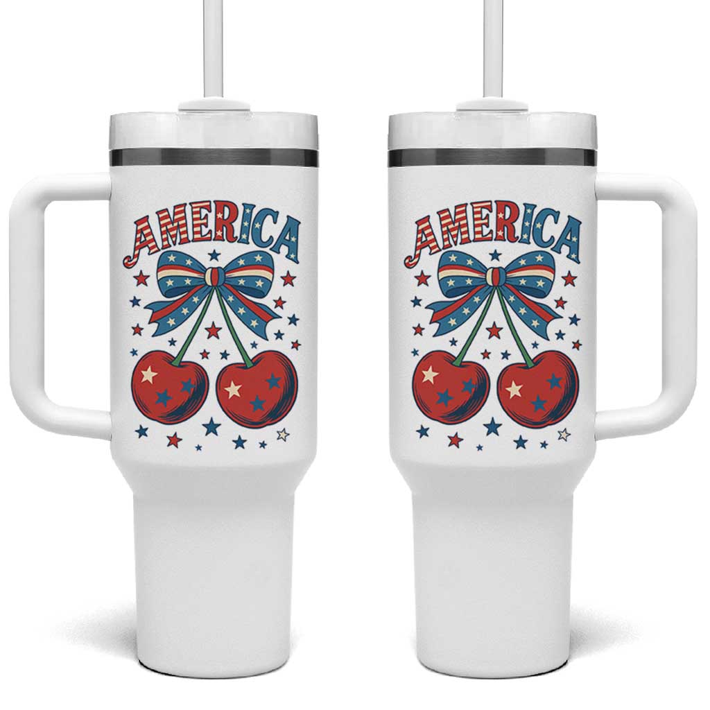 Retro Americana Cherries and Stars Coquette Bow Tumbler With Handle America Cute Patriotic 4th Of July US