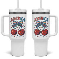 Retro Americana Cherries and Stars Coquette Bow Tumbler With Handle America Cute Patriotic 4th Of July US