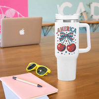 Retro Americana Cherries and Stars Coquette Bow Tumbler With Handle America Cute Patriotic 4th Of July US