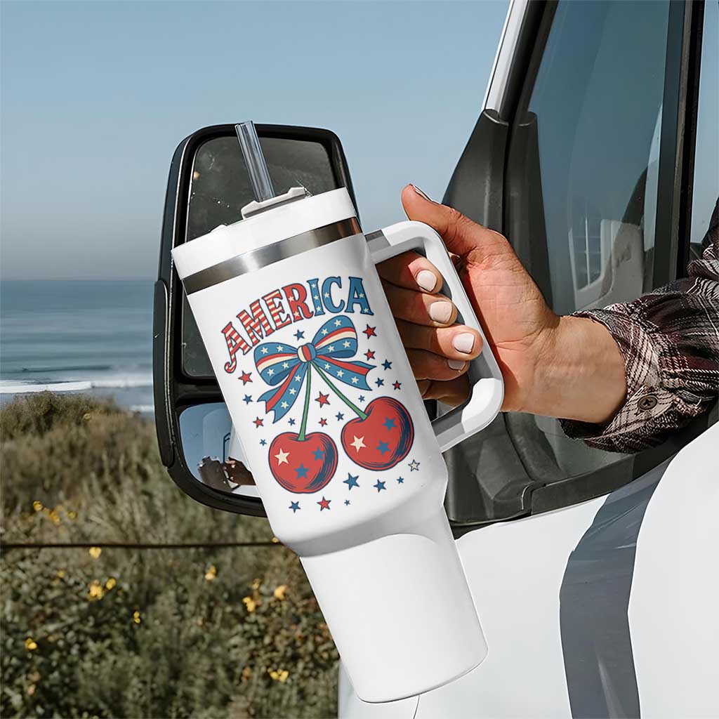 Retro Americana Cherries and Stars Coquette Bow Tumbler With Handle America Cute Patriotic 4th Of July US