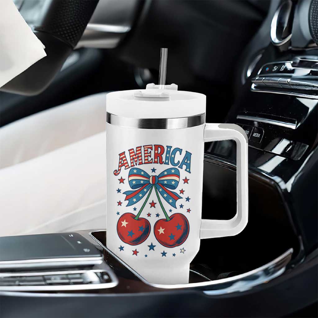 Retro Americana Cherries and Stars Coquette Bow Tumbler With Handle America Cute Patriotic 4th Of July US