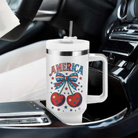 Retro Americana Cherries and Stars Coquette Bow Tumbler With Handle America Cute Patriotic 4th Of July US