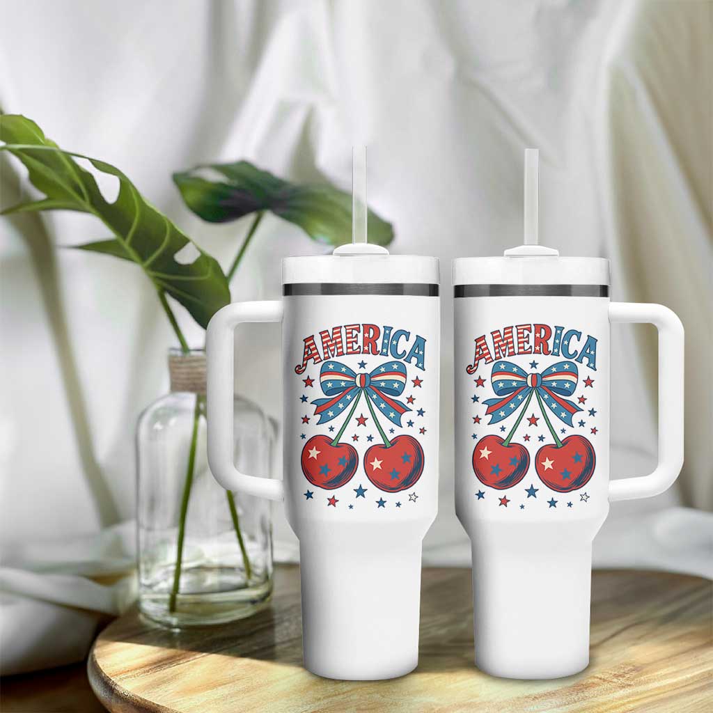 Retro Americana Cherries and Stars Coquette Bow Tumbler With Handle America Cute Patriotic 4th Of July US
