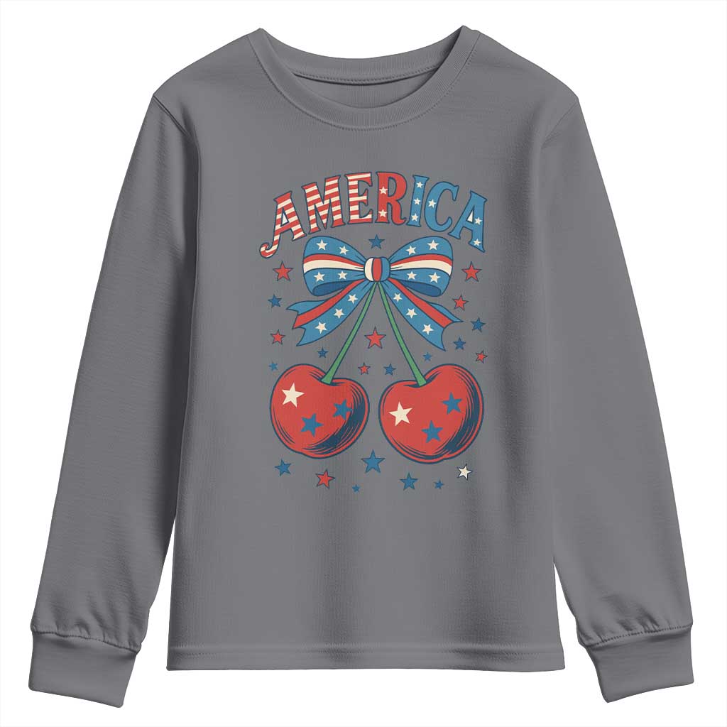 Retro Americana Cherries and Stars Coquette Bow Youth Sweatshirt America Cute Patriotic 4th Of July US