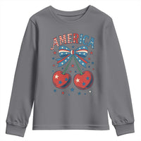 Retro Americana Cherries and Stars Coquette Bow Youth Sweatshirt America Cute Patriotic 4th Of July US