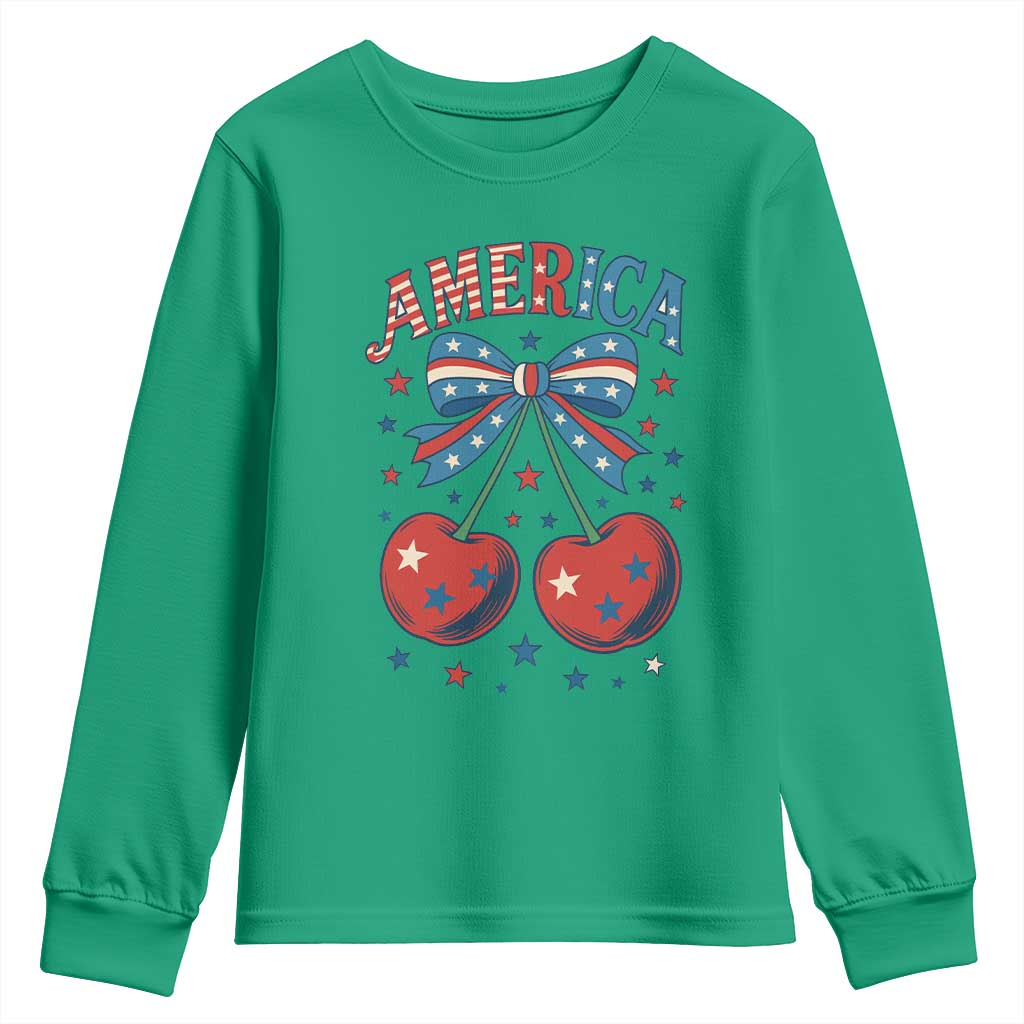 Retro Americana Cherries and Stars Coquette Bow Youth Sweatshirt America Cute Patriotic 4th Of July US
