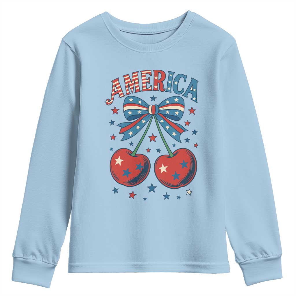 Retro Americana Cherries and Stars Coquette Bow Youth Sweatshirt America Cute Patriotic 4th Of July US