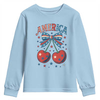 Retro Americana Cherries and Stars Coquette Bow Youth Sweatshirt America Cute Patriotic 4th Of July US