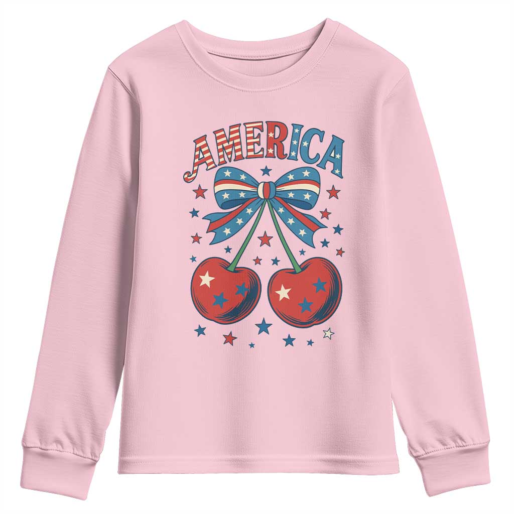 Retro Americana Cherries and Stars Coquette Bow Youth Sweatshirt America Cute Patriotic 4th Of July US