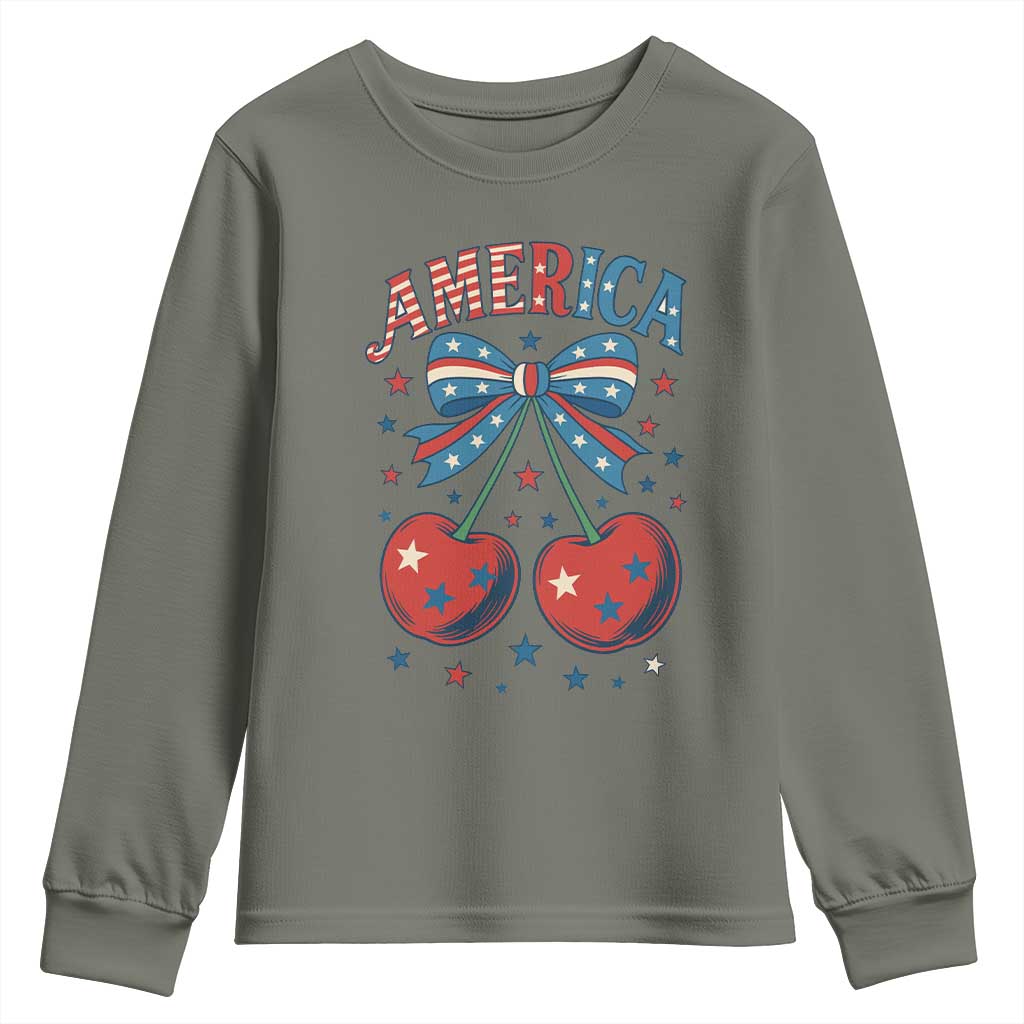 Retro Americana Cherries and Stars Coquette Bow Youth Sweatshirt America Cute Patriotic 4th Of July US