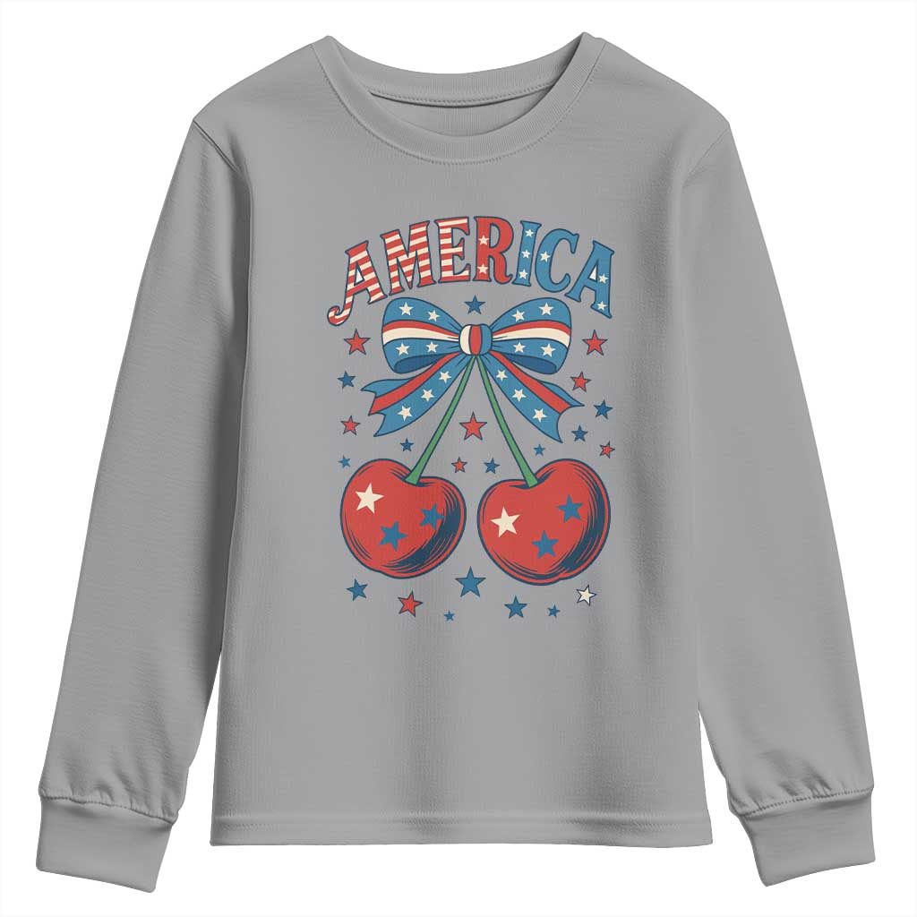 Retro Americana Cherries and Stars Coquette Bow Youth Sweatshirt America Cute Patriotic 4th Of July US