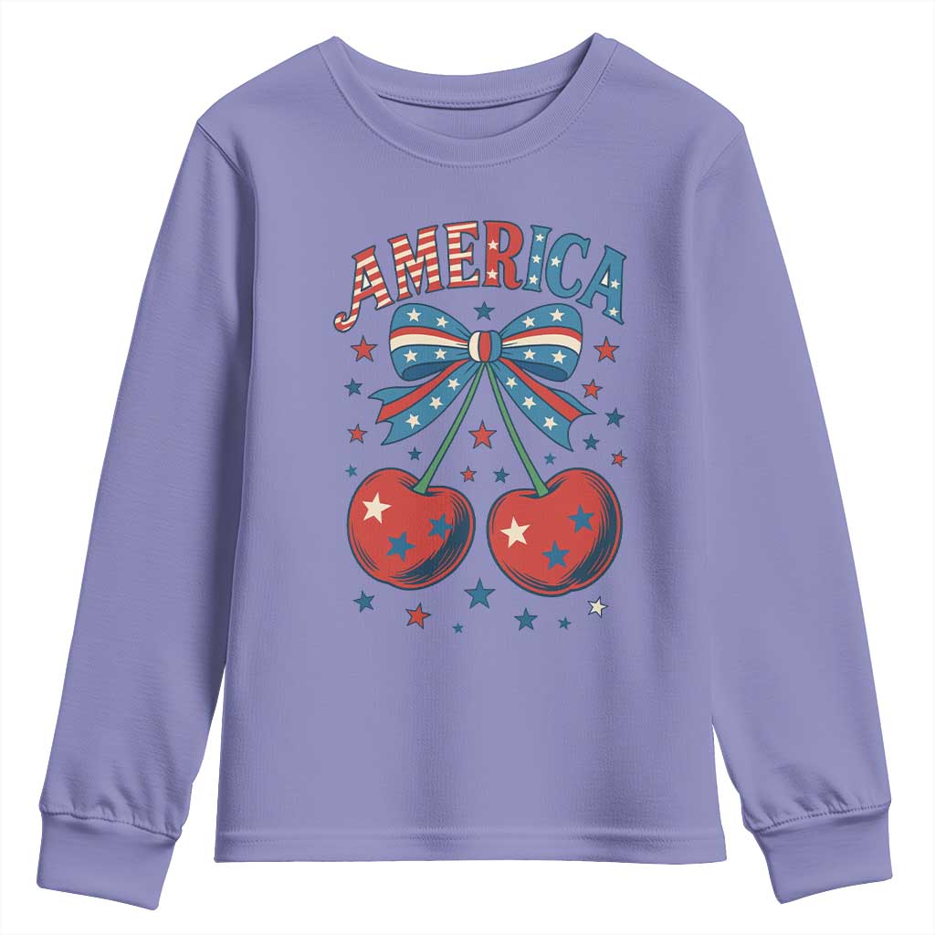 Retro Americana Cherries and Stars Coquette Bow Youth Sweatshirt America Cute Patriotic 4th Of July US