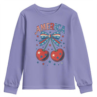 Retro Americana Cherries and Stars Coquette Bow Youth Sweatshirt America Cute Patriotic 4th Of July US