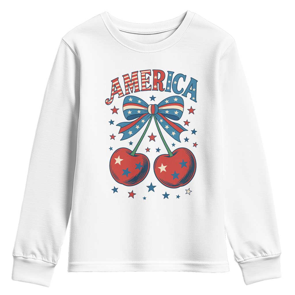 Retro Americana Cherries and Stars Coquette Bow Youth Sweatshirt America Cute Patriotic 4th Of July US