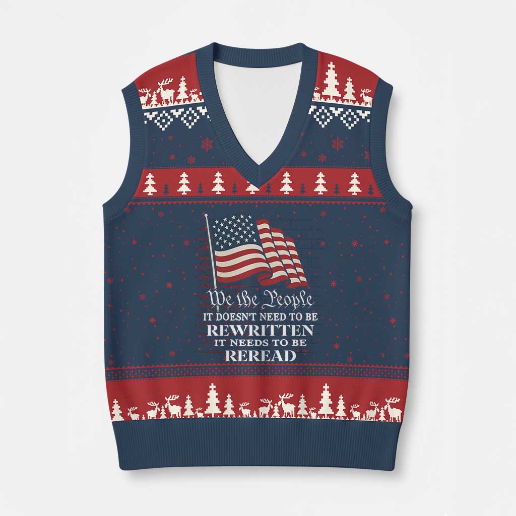 We the People US Flag V-Neck Knit Sweater Vest It Needs To Be Reread US Constitution - Wonder Print Shop
