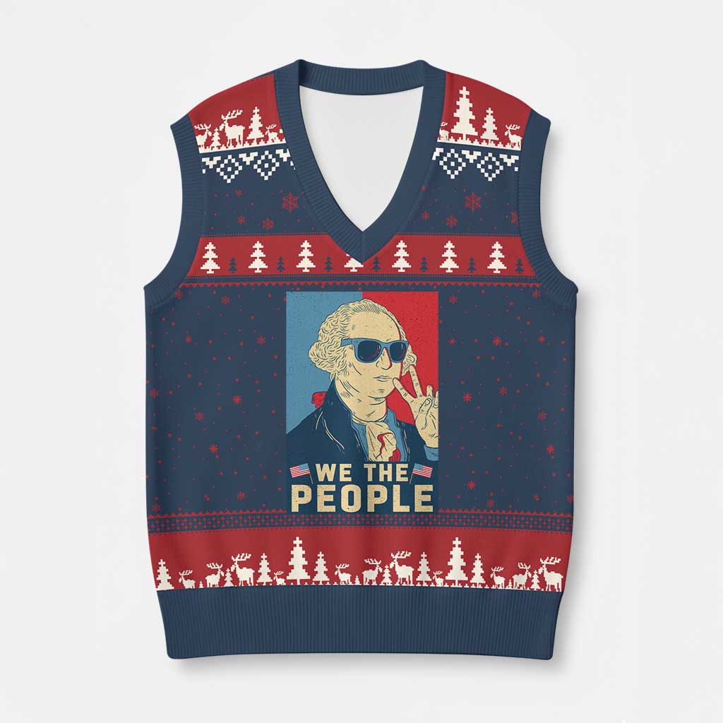 We the People Retro George Washington V-Neck Knit Sweater Vest Patriotic American Founding Fathers Peace Sign - Wonder Print Shop