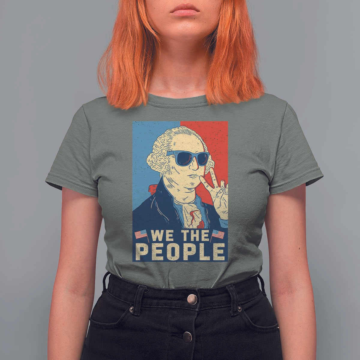 We the People Retro George Washington T Shirt For Women Patriotic American Founding Fathers Peace Sign