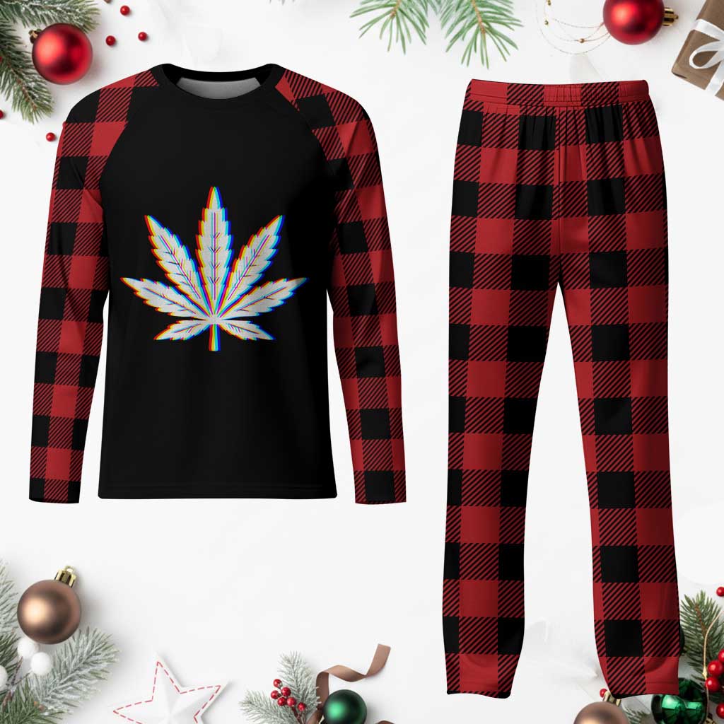 Cannabis Leaf Glitch Effect Graphic Plaid Pajama Set Retro RGB Distortion Weed and Stoner Lifestyle