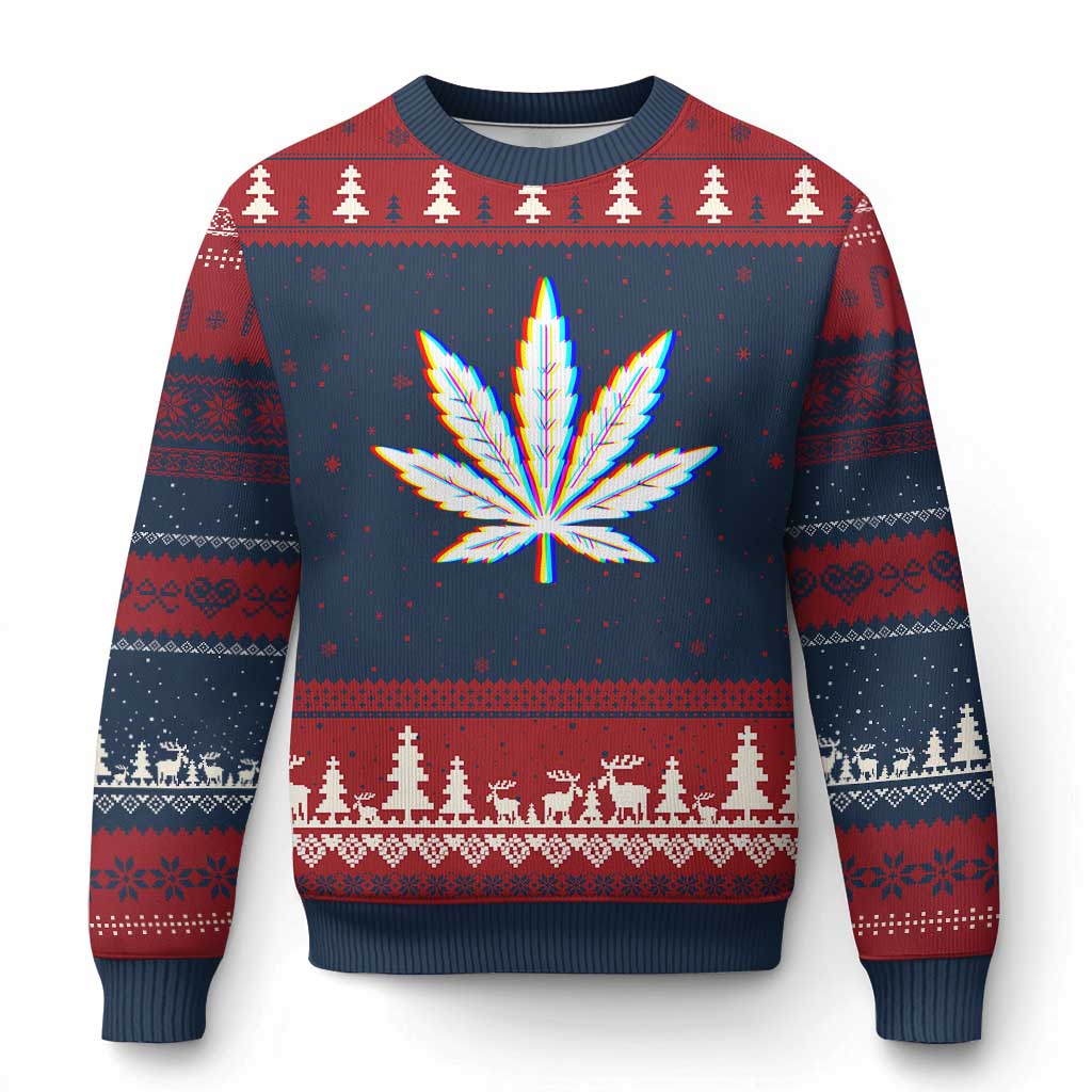 Cannabis Leaf Glitch Effect Graphic Ugly Christmas Sweater Retro RGB Distortion Weed and Stoner Lifestyle