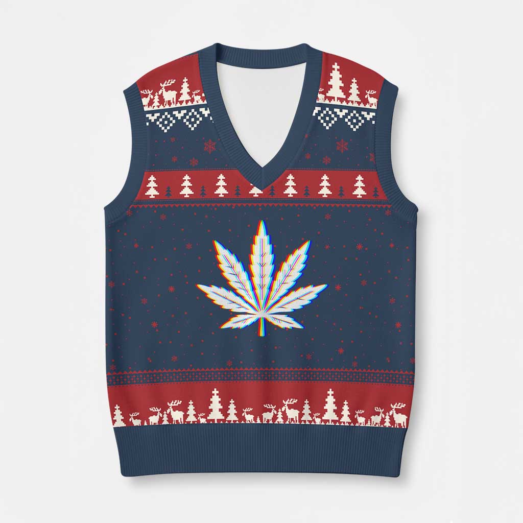 Cannabis Leaf Glitch Effect Graphic V-Neck Knit Sweater Vest Retro RGB Distortion Weed and Stoner Lifestyle