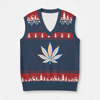 Cannabis Leaf Glitch Effect Graphic V-Neck Knit Sweater Vest Retro RGB Distortion Weed and Stoner Lifestyle