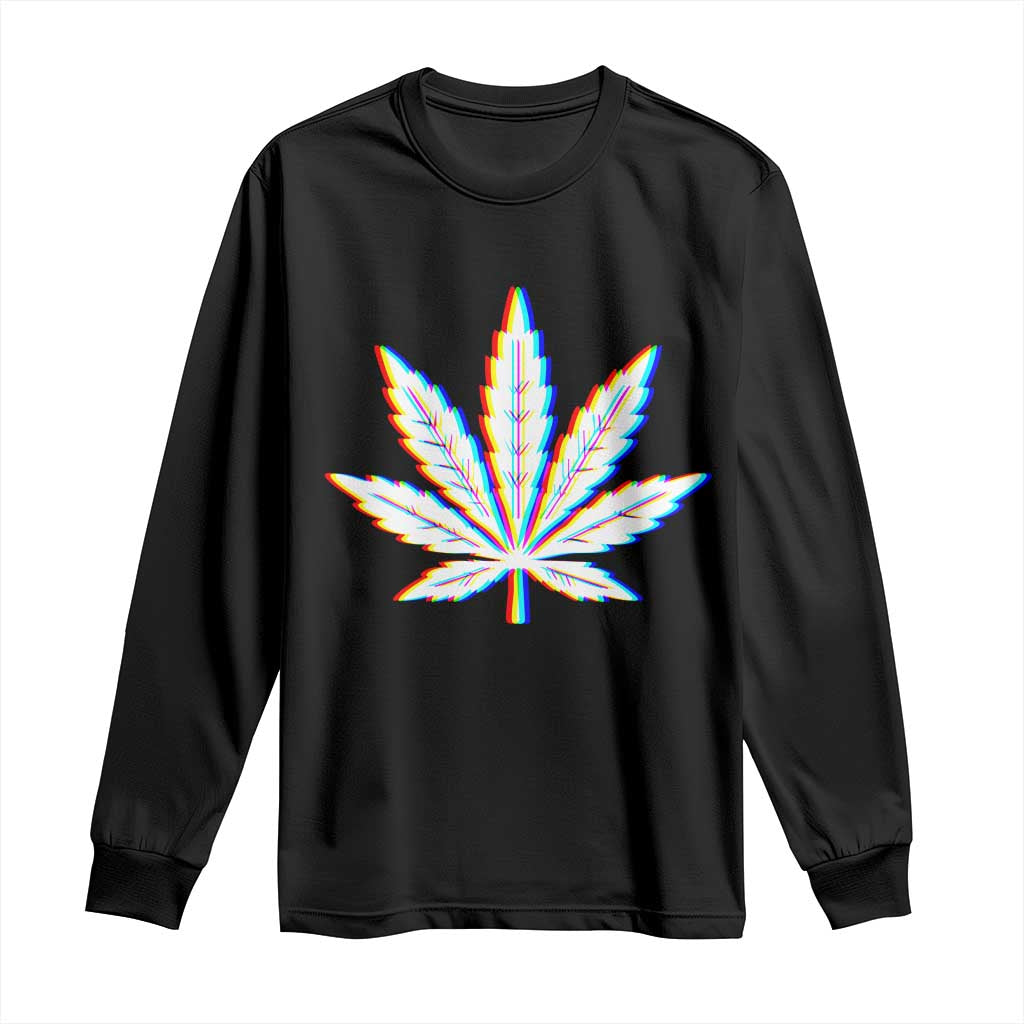 Cannabis Leaf Glitch Effect Graphic Long Sleeve Shirt Retro RGB Distortion Weed and Stoner Lifestyle