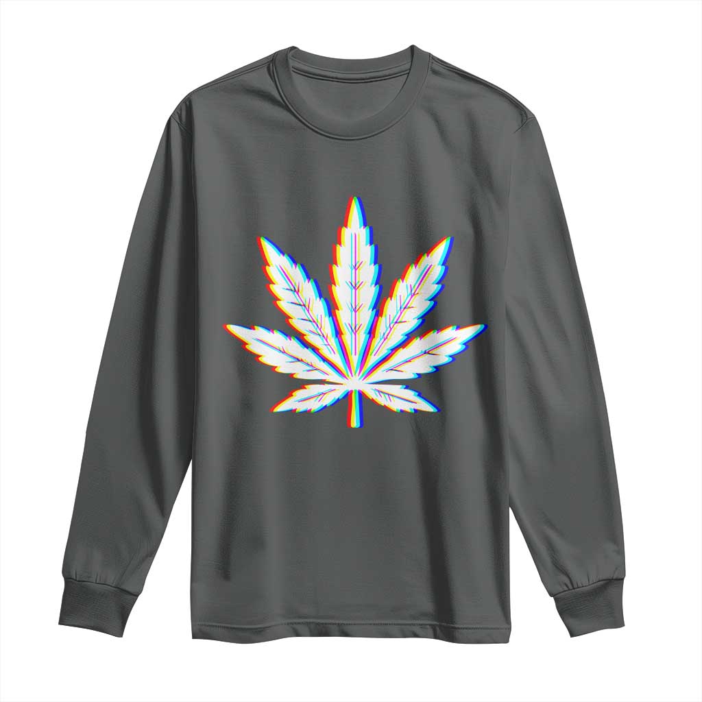 Cannabis Leaf Glitch Effect Graphic Long Sleeve Shirt Retro RGB Distortion Weed and Stoner Lifestyle