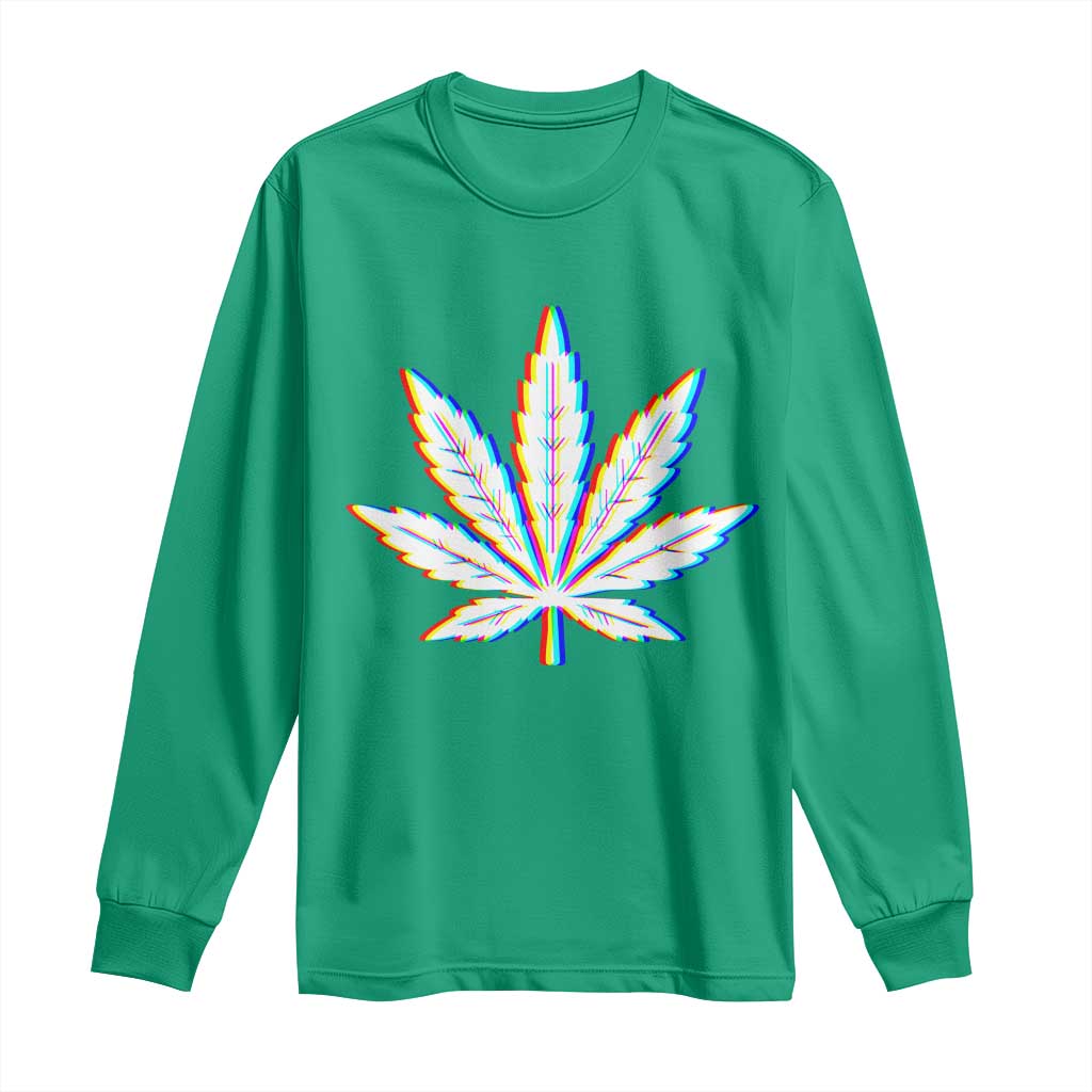 Cannabis Leaf Glitch Effect Graphic Long Sleeve Shirt Retro RGB Distortion Weed and Stoner Lifestyle