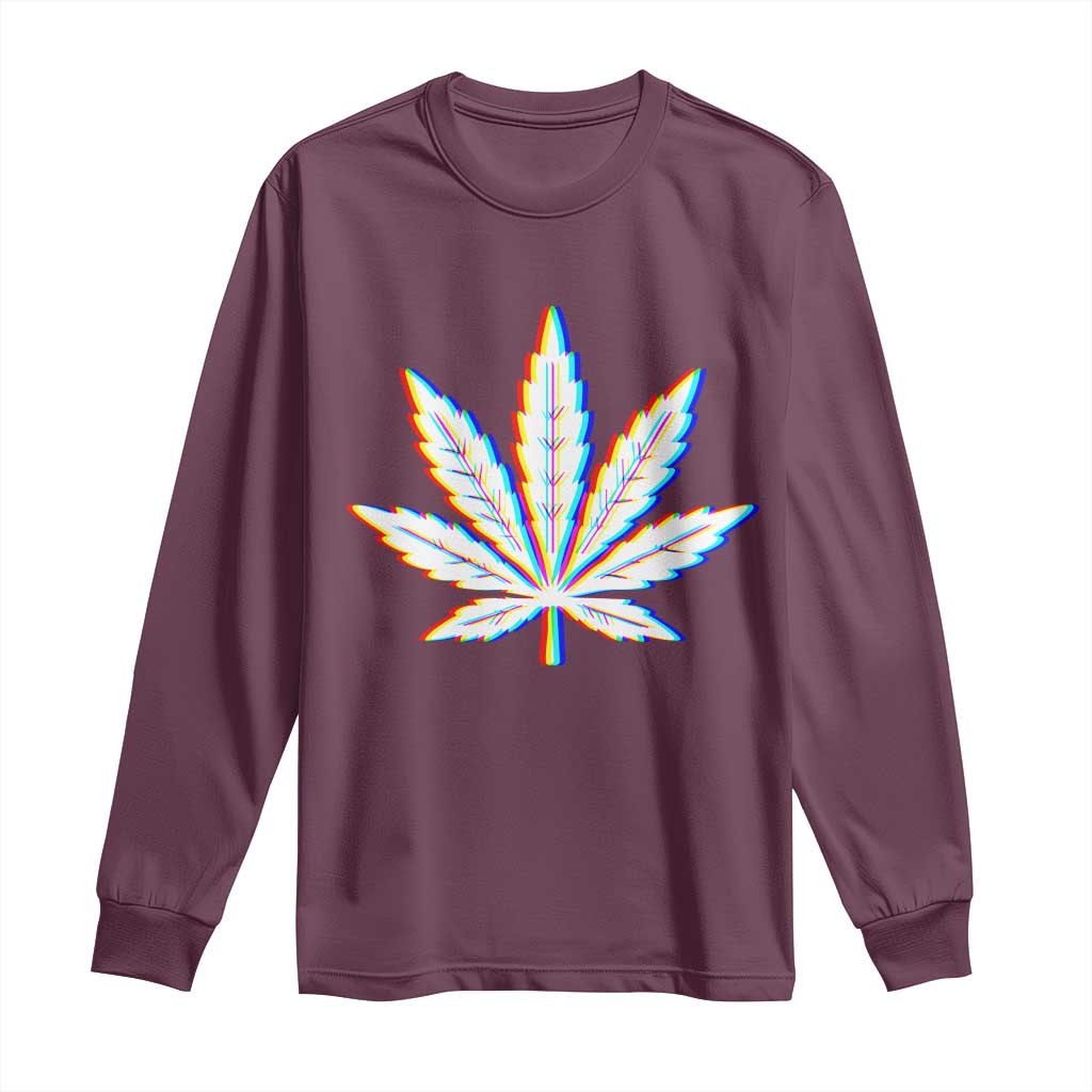 Cannabis Leaf Glitch Effect Graphic Long Sleeve Shirt Retro RGB Distortion Weed and Stoner Lifestyle