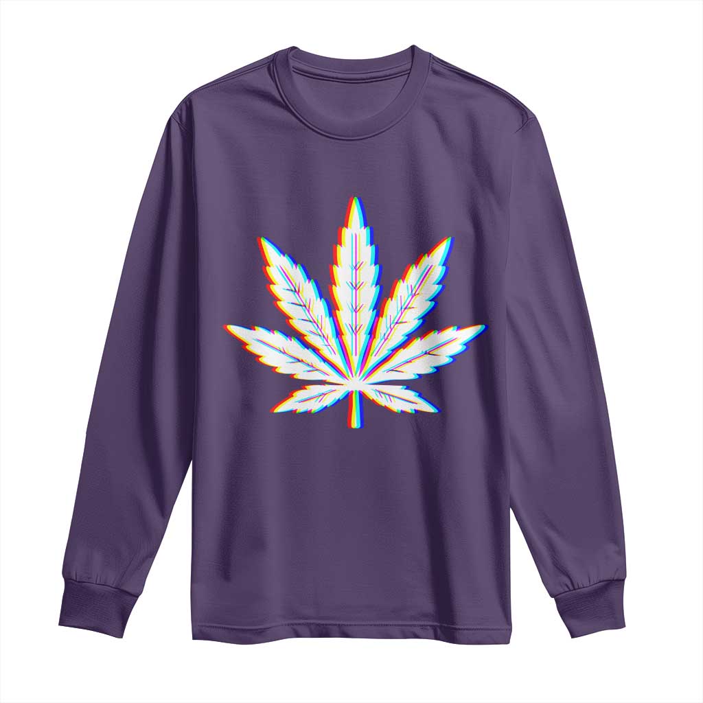Cannabis Leaf Glitch Effect Graphic Long Sleeve Shirt Retro RGB Distortion Weed and Stoner Lifestyle