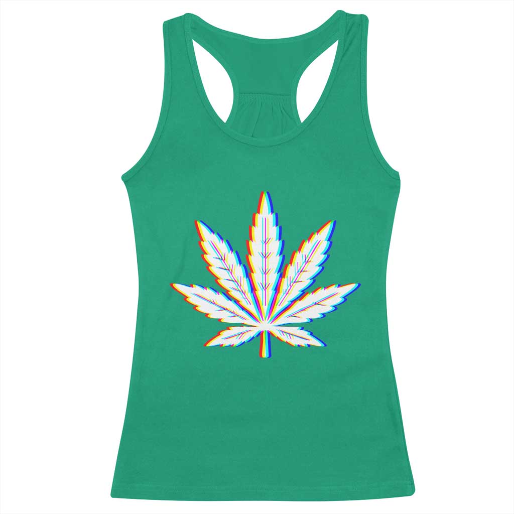 Cannabis Leaf Glitch Effect Graphic Racerback Tank Top Retro RGB Distortion Weed and Stoner Lifestyle