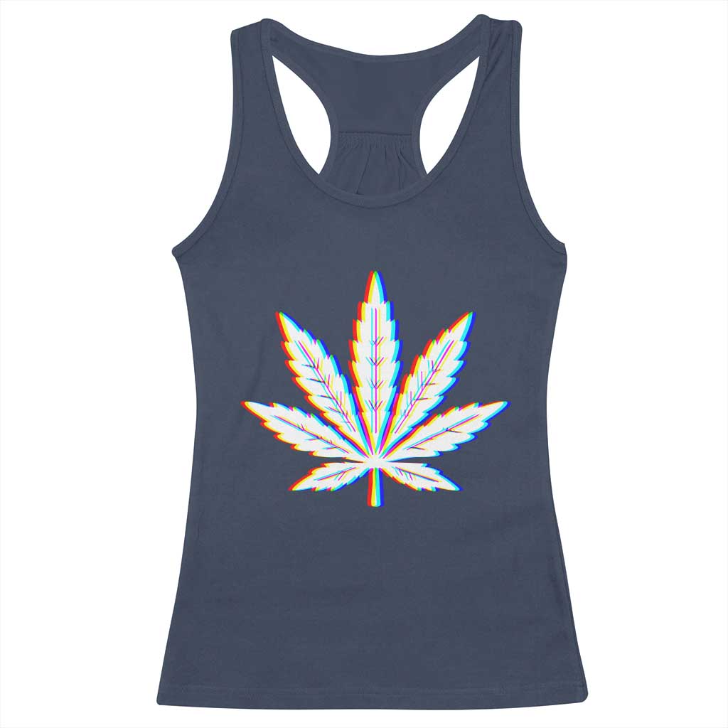 Cannabis Leaf Glitch Effect Graphic Racerback Tank Top Retro RGB Distortion Weed and Stoner Lifestyle