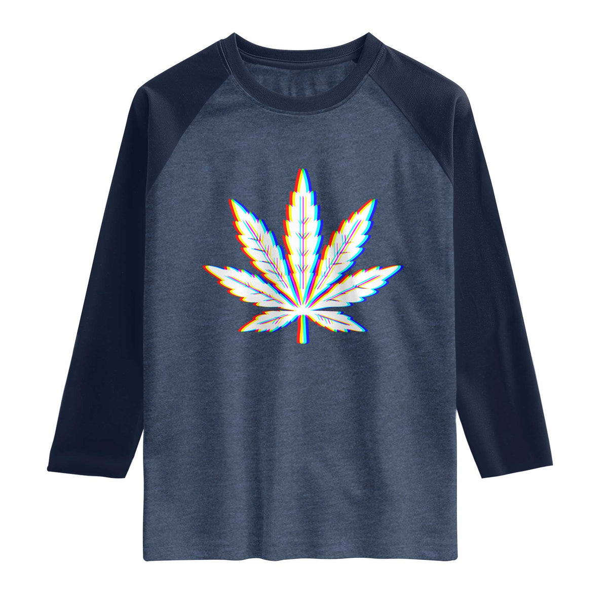 Cannabis Leaf Glitch Effect Graphic Raglan Shirt Retro RGB Distortion Weed and Stoner Lifestyle