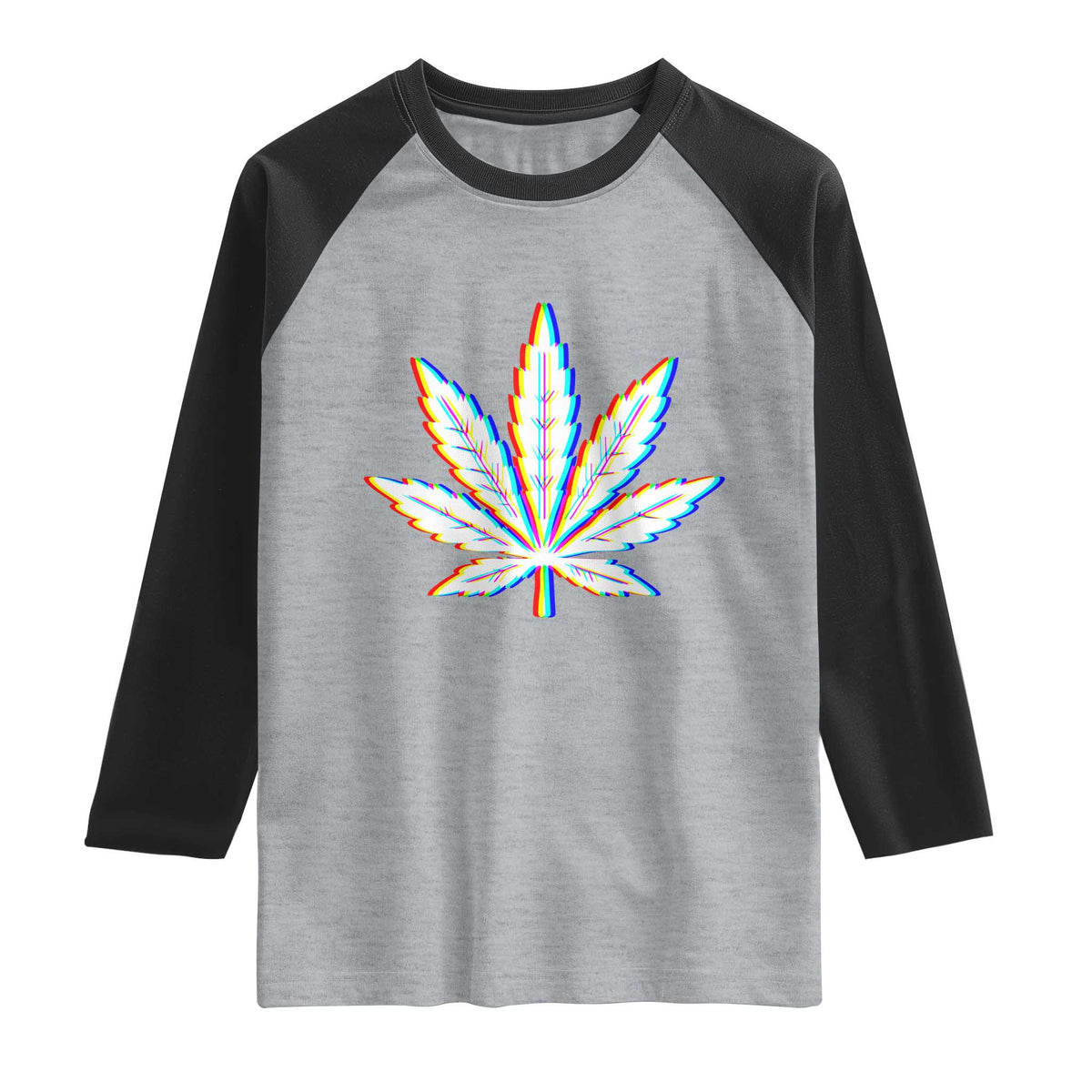 Cannabis Leaf Glitch Effect Graphic Raglan Shirt Retro RGB Distortion Weed and Stoner Lifestyle