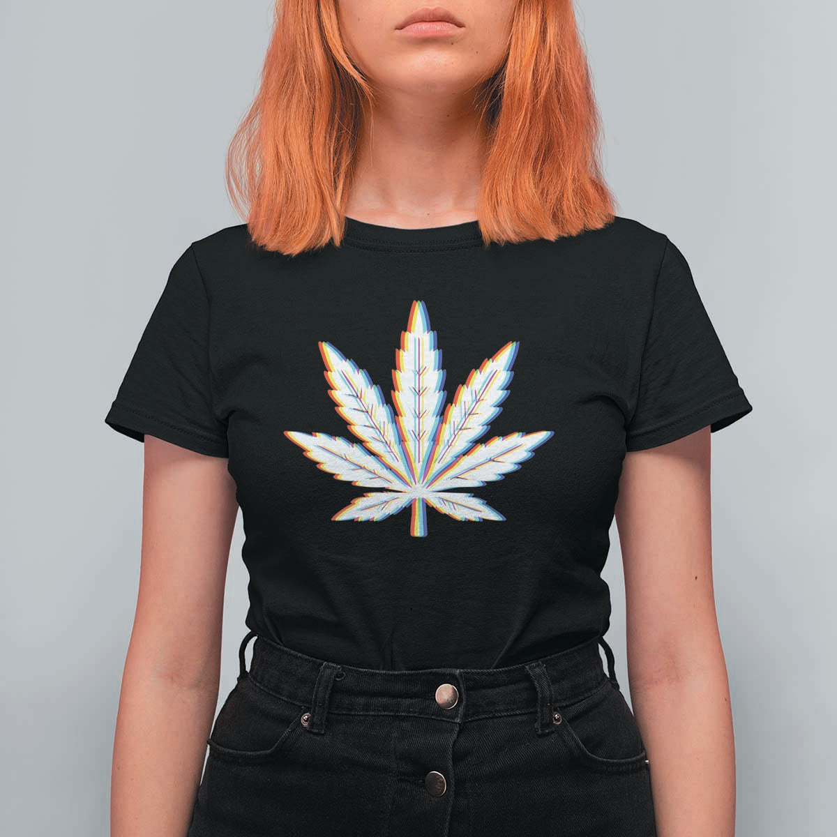 Cannabis Leaf Glitch Effect Graphic T Shirt For Women Retro RGB Distortion Weed and Stoner Lifestyle