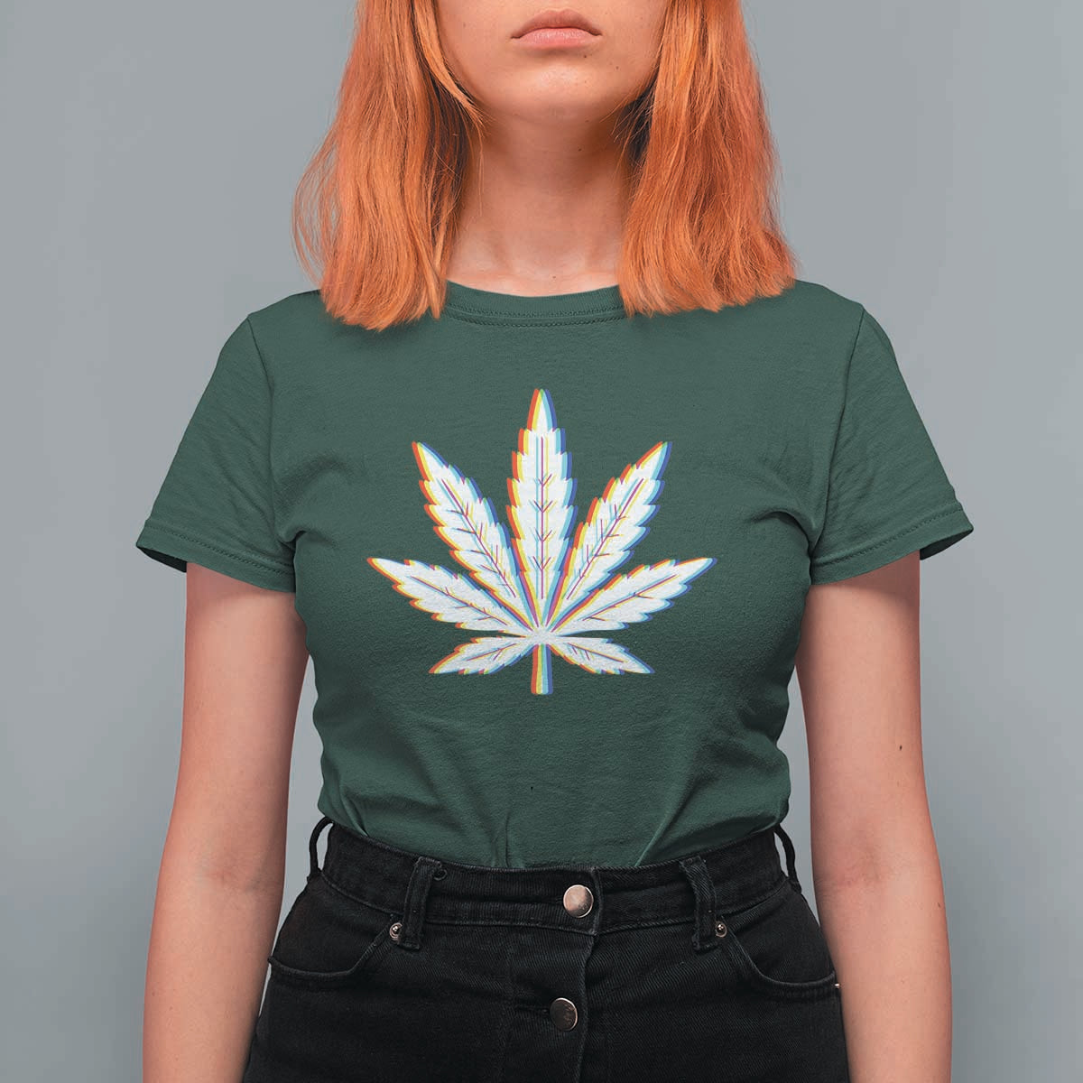 Cannabis Leaf Glitch Effect Graphic T Shirt For Women Retro RGB Distortion Weed and Stoner Lifestyle