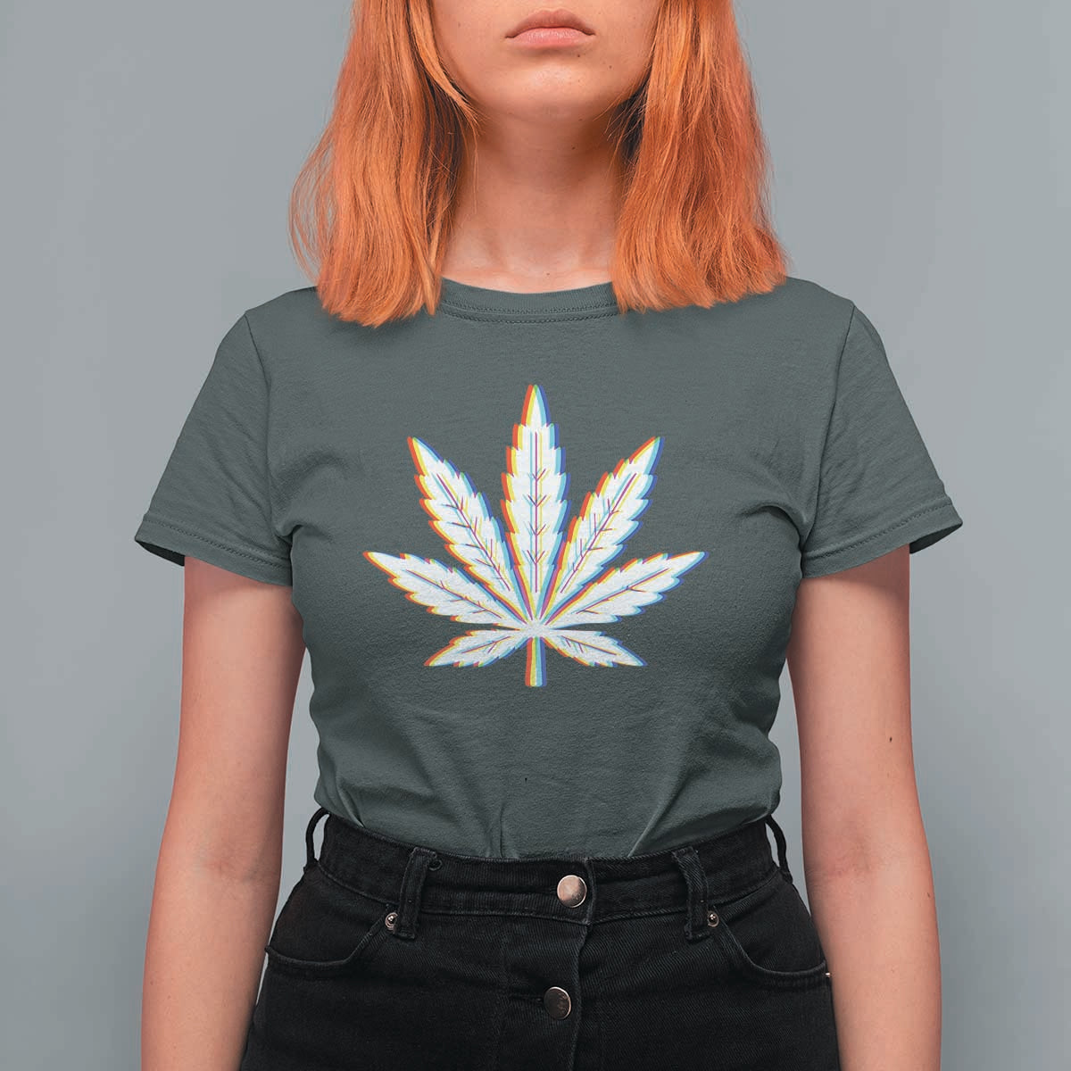Cannabis Leaf Glitch Effect Graphic T Shirt For Women Retro RGB Distortion Weed and Stoner Lifestyle