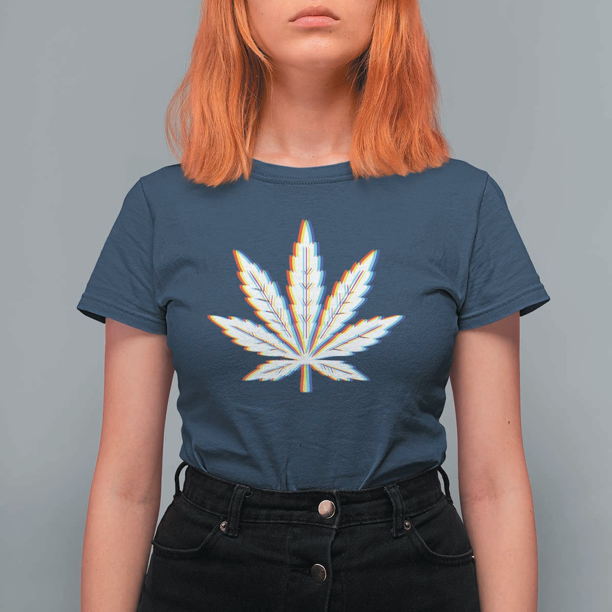 Cannabis Leaf Glitch Effect Graphic T Shirt For Women Retro RGB Distortion Weed and Stoner Lifestyle
